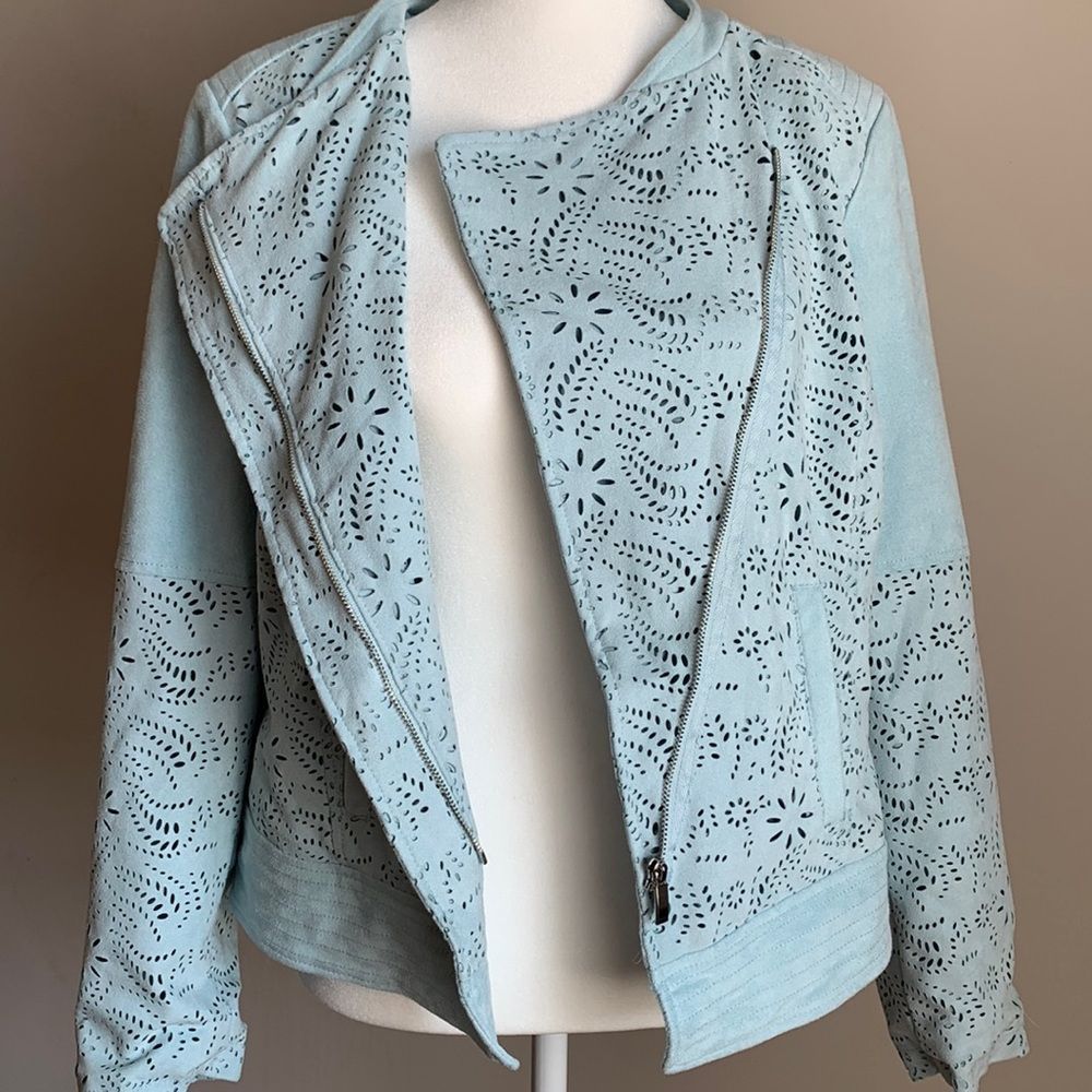 Chicos Bomber Jacket Coat Blue Womens Size 0 Small Moto Zip Faux Suede Spring